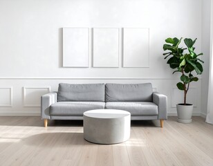 Fame mockup. Clean white living room with gray sofa blank picture frames round concrete coffee table and potted plant