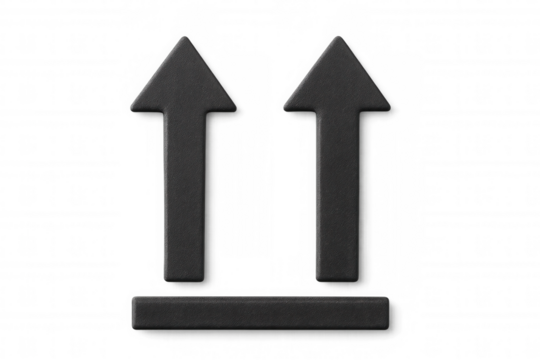 Packaging symbol with two black arrows pointing up on a transparent background, indicating the correct handling position