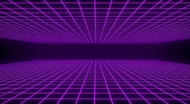 Futuristic neon grid background in retro 80s style with purple and black colors