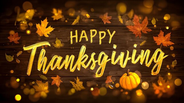 Happy thanksgiving greeting card with autumn leaves and pumpkin on wood table