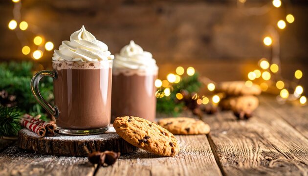 Generated image: A rustic wooden table with Christmas cookies, hot chocolate mugs topped with whipped cream, and fairy lights in the background.
