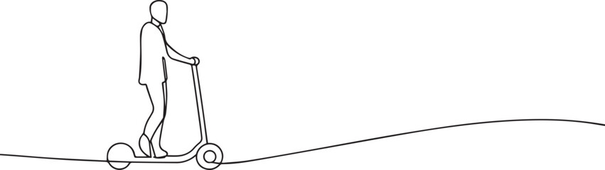 young man ride electric scooter one continuous line art, Vector illustration, One line art, Line art graphic style
