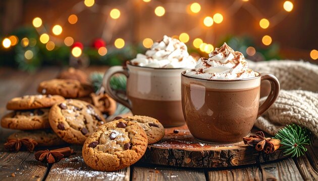 Generated image: A rustic wooden table with Christmas cookies, hot chocolate mugs topped with whipped cream, and fairy lights in the background.
- Powered by Adobe