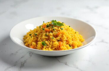 Savory yellow vegetable rice pilaf served in white bowl. Features tender rice with visible pieces of carrot, green onion. Garnished with fresh mint leaves. Perfect for vegetarian, vegan diets, dish