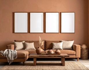 Fame mockup. Earth tone living room interior with brown sofa blank picture frames and decorative elements