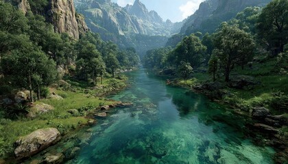 A peaceful river flowing through a lush valley