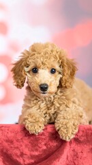 Adorable fawn-colored puppy, fluffy poodle, resting on red fabric