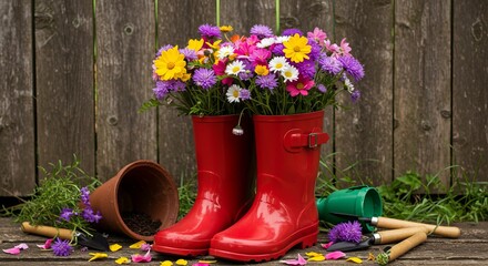 A pair of red boots overflowing with vibrant flowers sits on a wooden surface against a rustic wooden fence. Gardening tools and a pot are scattered around.