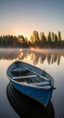 Obraz premium Serene sunrise over a tranquil lake, showcasing a weathered blue rowboat gently resting on the still water.