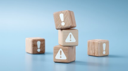 Obraz premium a wooden cube with a warning sign icon, An Exclamation Mark icon, on a blue background, Notice icon symbol, alert safety danger caution,notification error, and a maintenance concept.