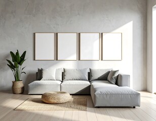Fame mockup. Japandi interior with gray modular sofa blank wall art and woven ottoman on wood floor