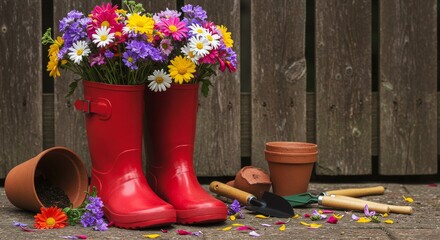 A pair of red boots overflowing with colorful flowers, surrounded by gardening tools and terracotta pots against a wooden fence.