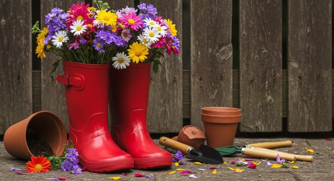 A pair of red boots overflowing with colorful flowers, surrounded by gardening tools and terracotta pots against a wooden fence.