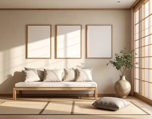 Fame mockup. Japandi living room interior with beige walls wooden furniture blank frames and a floor cushion