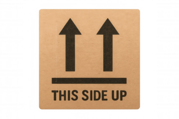 Cardboard packaging icon featuring bidirectional arrows and this side up text, indicating shipping orientation against transparent backdrop