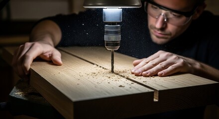 Professional craftsman drilling a precise hole in a natural wooden plank using a powerful drill press in a focused workshop environment.