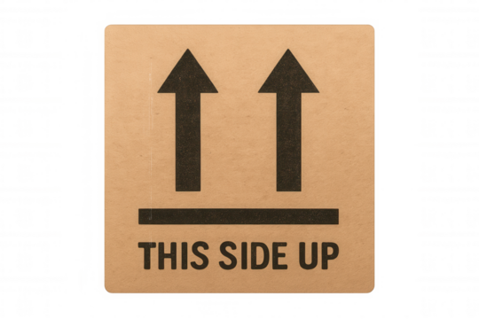 Cardboard packaging icon featuring bidirectional arrows and this side up text, indicating shipping orientation against transparent backdrop
