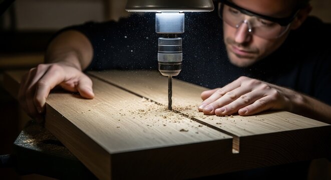 Professional craftsman drilling a precise hole in a natural wooden plank using a powerful drill press in a focused workshop environment. - Powered by Adobe