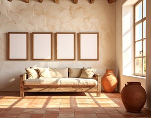 Fame mockup. Mediterranean living room interior with terracotta tiles textured stucco walls wooden sofa and framed blank art