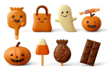 Delightful halloween sweets. 3d icons of candy corn, lollipops, and more
