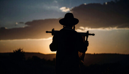 Fototapeta premium Torah Scroll Silhouette with Warm Sunrise Light. Jewish festival concept. Generated Image