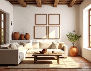 Fame mockup. Mediterranean living room with white stucco walls terracotta tiles wooden beams and framed art