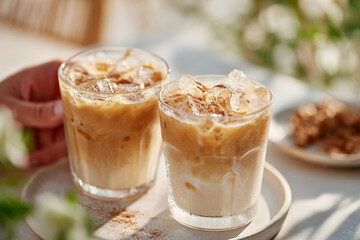 Two Clear Glasses with Layered Iced Coffee Drinks and Ice Cubes on White Ceramic Plate