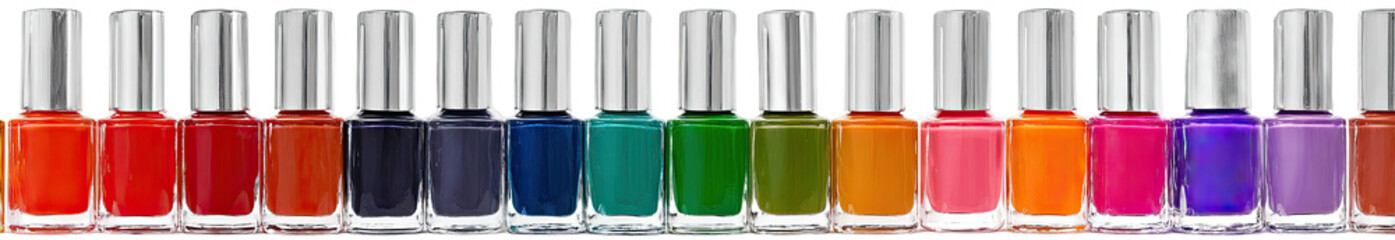 Row of nail polish bottles in various colors (4)