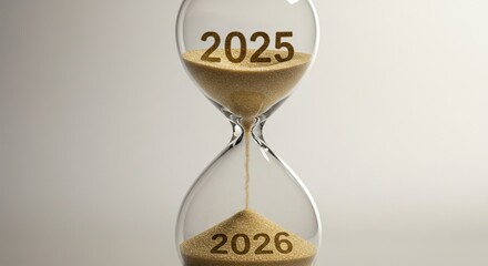 Hourglass showing transition from 2025 to 2026 on solid light background