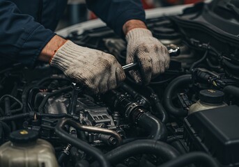 Fototapeta premium Professional Mechanic Working on a Car Engine with Gloved Hands and Tools Performing Automotive Repair and Service