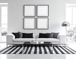 Fame mockup. Monochrome living room interior with white sofa black pillows striped rug and framed art