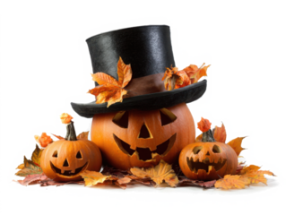 3d icon of a collection of carved halloween pumpkins with scary faces, one wearing a top hat and surrounded by fall leaves, isolated on transparent background
