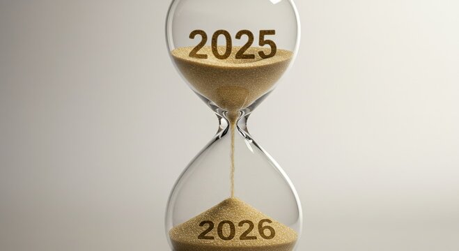 Hourglass showing transition from 2025 to 2026 on solid light background
