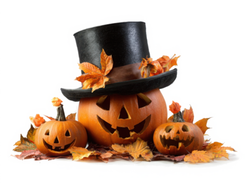 3d icon of a collection of carved halloween pumpkins with scary faces, one wearing a top hat and surrounded by fall leaves, isolated on transparent background