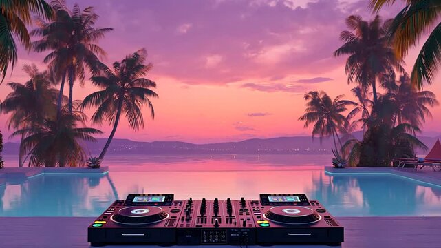 A stunning sunset view over a luxurious poolside DJ setup.