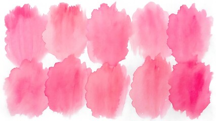 Fototapeta premium Ten soft pink watercolor splashes arranged in two rows, isolated on a white background, ideal for delicate and feminine design elements