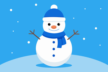 Cute snowman with blue hat and scarf in falling snow
