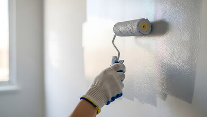 Person in gloves uses gray paint roller on wall indoors