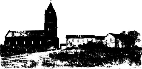 Obraz premium Mystical gothic landscape silhouettes featuring majestic cat and towering cathedral structures