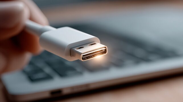 Technician holding thunderbolt 4 cable near laptop computer