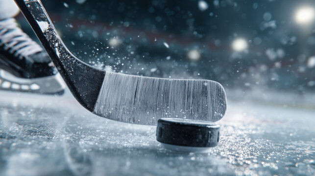 Close action in ice hockey featuring a stick about to strike a puck on rink during a competitive game at night