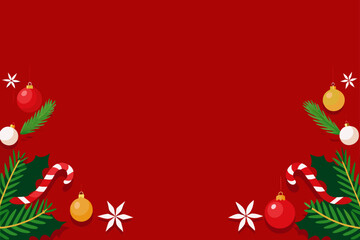 Festive christmas ornaments and holly border on red background
