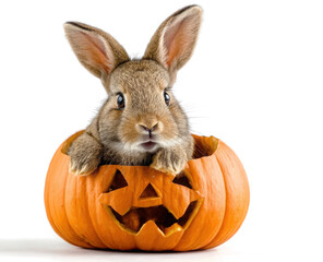 Rabbit pumpkin jack o lantern autumn leaves cute animal Halloween orange festive isolated joyful playful seasonal celebration fall nature outdoors cheerful pet