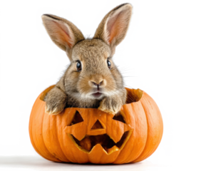 Rabbit pumpkin jack o lantern autumn leaves cute animal Halloween orange festive isolated joyful playful seasonal celebration fall nature outdoors cheerful pet