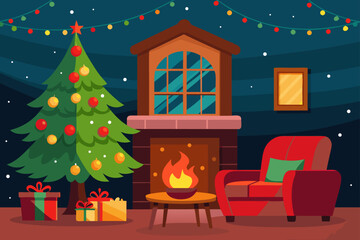 Cozy christmas eve scene with fireplace and decorated tree