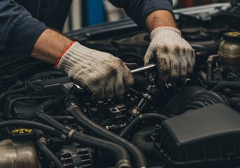 Professional mechanic's hands expertly working on a complex car engine, performing routine repair and essential maintenance.