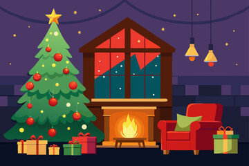 Cozy christmas eve scene with fireplace and tree