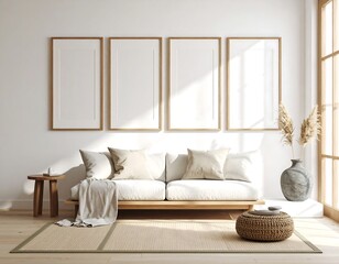 Fame mockup. Serene Japandi living room interior with white sofa wooden frames and natural decor