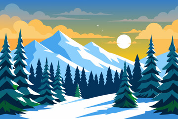 Stylized winter mountain landscape with pine trees and sunset sky