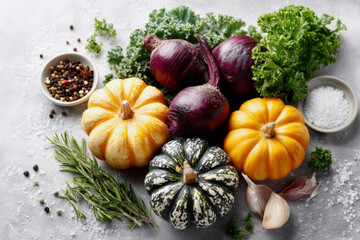 Colorful Winter Squash Collection with Fresh Beets Kale Herbs Spices on Gray Background